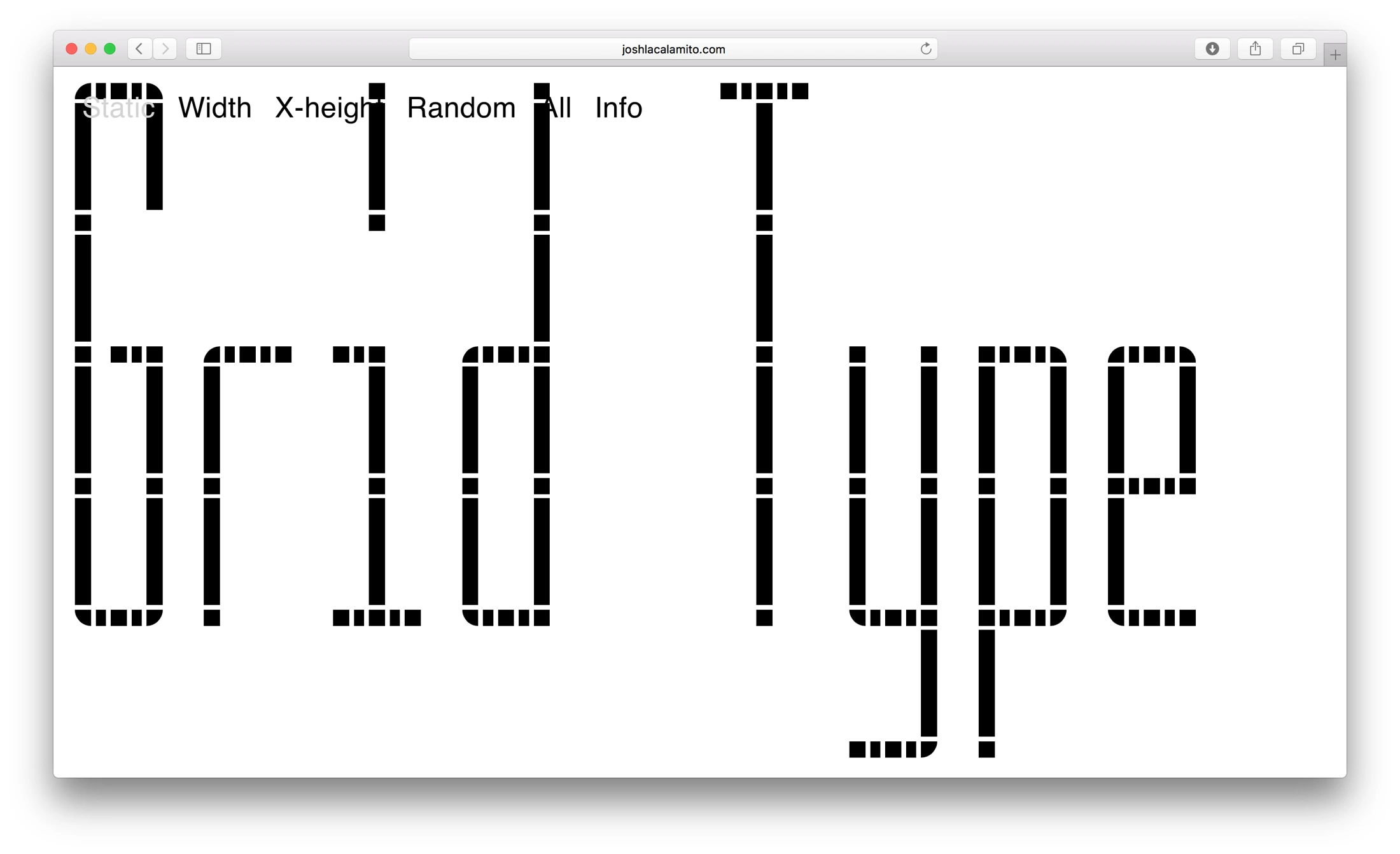 Original GridType website screenshot with modular lettering and Static, Width, X-height, Random, All, and Info controls.
