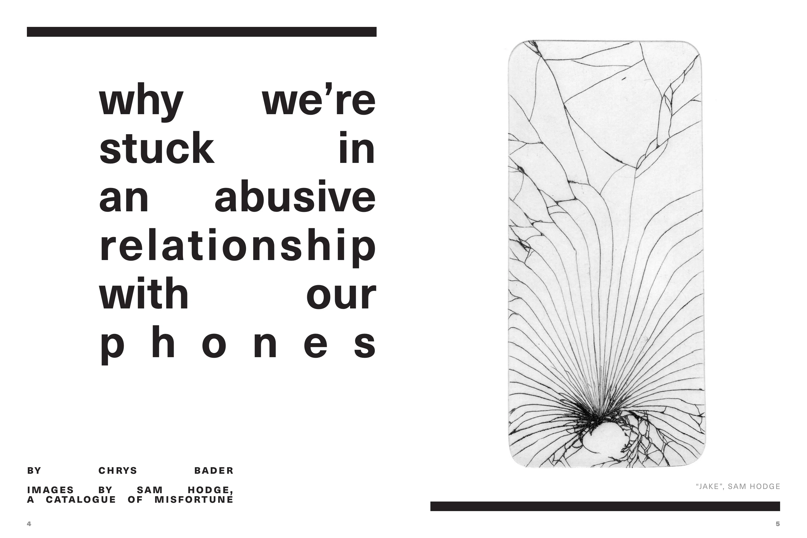 Article opening with large typography and a photograph of a cracked phone screen.