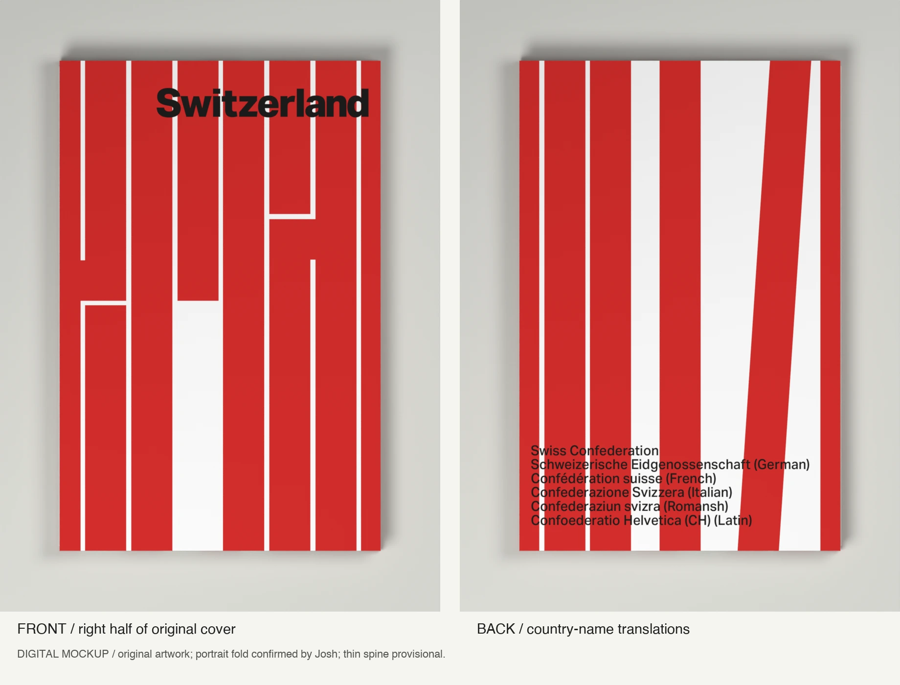 Digital mockup showing the portrait front and back covers side by side. The title is on the front, and Switzerland’s names in several languages are on the back.
